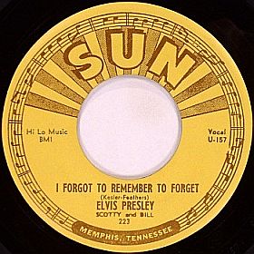 A 45 rpm single of Elvis Presley’s August 1955 Sun Studios recording of 'I Forgot To Remember To Forget,' the song that first made Elvis a nationally-known country music star, prior to his popular rock ’n roll fame. A 45 rpm single of Elvis Presley’s August 1955 Sun Studios recording of 'I Forgot To Remember To Forget,' the song that first made Elvis a nationally-known country music star, prior to his popular rock ’n roll fame.
