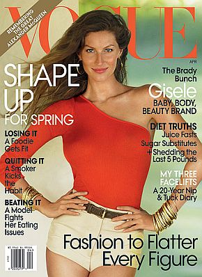 April 2010: Gisele Bündchen, post baby, on Vogue cover featuring “Brady Bunch” story. Click for copy.