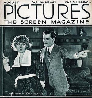 Pearl White on the cover of 'Pictures' magazine (U.K.), August 1922, in a scene from the film, 'Know Your Man'.