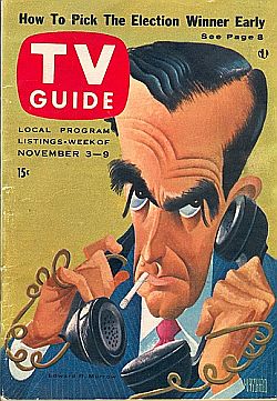 Edward R. Murrow, as caricatured at work for the cover of "TV Guide," November 3-9, 1956.