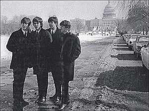 Beatles on D.C. mall with U.S. Capitol, Feb 1964.  