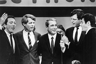 Andy Williams, Robert Kennedy, Perry Como, Ted Kennedy, Eddie Fisher at unspecified 1968 fundraising telethon, Lisner Auditorium, G.W. University, Wash., D.C. (photo, GW University).