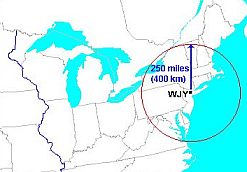Map showing approximate range of the Dempsey-Carpentier radio broadcast in the eastern U.S., reaching a potential audience of 200,000-to-500,000. Map showing approximate range of the Dempsey-Carpentier radio broadcast in the eastern U.S., reaching a potential audience of 200,000-to-500,000.