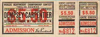 Ticket for the Dempsey-Carpentier fight of July 2, 1921, with promoter Tex Rickard’s name at lower right, main stubb.