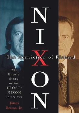Cover of 2007 hardback book on the Frost/Nixon interviews by former Frost team member James Reston, Jr. Click for book.