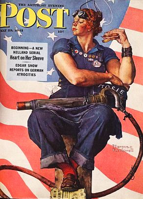 Norman Rockwell’s ‘Rosie The Riveter’ cover, May 29, 1943 edition of 'Saturday Evening Post,' the first visual image to incorporate the ‘Rosie’ name. Click for copy at Amazon.