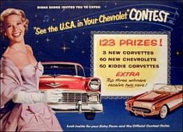 Dinah Shore in 1950s print ad pitching a Chevrolet contest. Click for 'Chevy shorts' DVD.