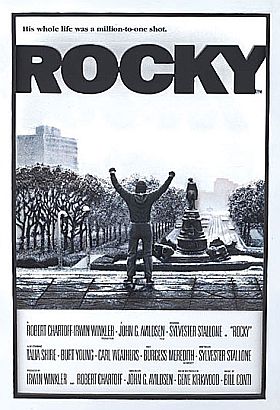 Poster from ‘Rocky’ film with Rocky celebrating at Art Museum, looking out on the city. Click for wall art.