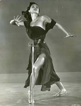 Cyd Charisse in “purification” Gypsy Dance from 1953 film “Sombrero,” seeking atonement for death of her bullfighter brother. Click for DVD.