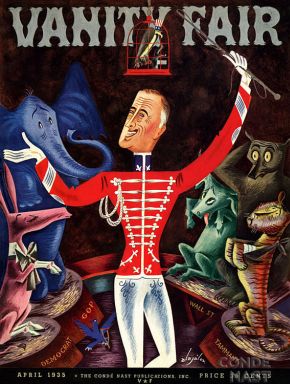 Vanity Fair, April 1935: Franklin Roosevelt shown as confident ringmaster taming all manner of political beasts.  Artist, Constantin Aladjálov.
