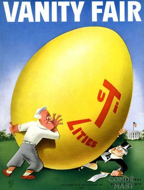 Vanity Fair’s May 1935 issue features a Paolo Garretto caricature of FDR crushing an electric utility executive with his ‘utility reform' Easter Egg.