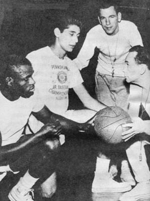 Joe Namath,, center, helped his high school win basketball championships – shown here with coaches and co-star, Benny Singleton, left. Joe Namath,, center, helped his high school win basketball championships – shown here with coaches and co-star, Benny Singleton, left.