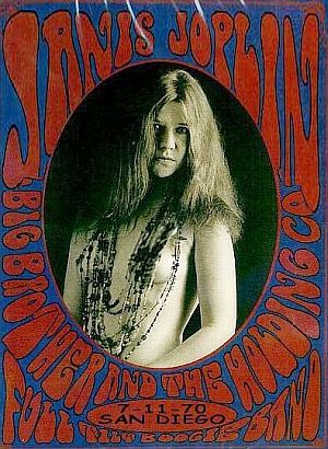 Psychedelic-style poster for the July 11, 1970 concert in San Diego with Janis Joplin photo.