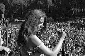 A younger Janis Joplin performing at an unidentified rock-festival venue sometime in the 1960s.