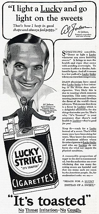 Famous 1920s' singer film star Al Jolson in Lucky Strike cigarette ad