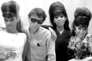 The Ronettes with Phil Spector in L.A. studio, 1963.