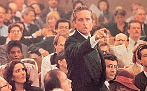 Gordon Gekko adressing Teldar board from floor of shareholders meeting, "Wall Street," the movie, 1987.