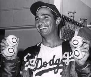 Sandy Koufax after pitching his 4th career no-hitter, also a perfect game, Sept 9th, 1965. Click for photo plaque.