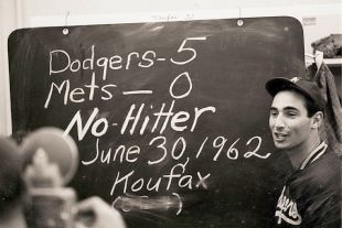 Sandy Koufax in what appears to be an impromptu locker room press conference following his no-hitter against the New York Mets of June 30, 1962.
