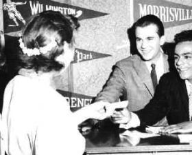 Dick Clark with Johnny Mathis on American Band-stand in Oct 1957.  Mathis released two singles in 1957: “Wonderful, Wonderful” & “It’s Not For Me To Say.”