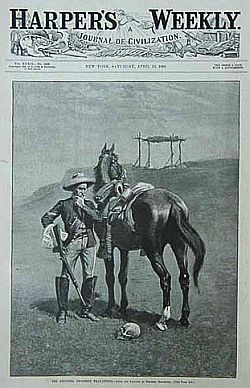 April 1889 “Harper’s Weekly” cover. “The Frontier Trooper's Thanatopsis,” from painting by Frederic Remington. Cavalry officer next to his horse, contemplating a skull. April 1889 “Harper’s Weekly” cover. “The Frontier Trooper's Thanatopsis,” from painting by Frederic Remington. Cavalry officer next to his horse, contemplating a skull. Click for copy.