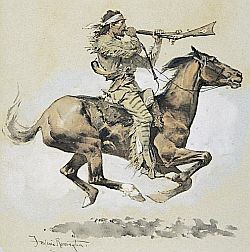 Frederic Remington’s 1892 watercolor shows buffalo hunter spitting shot balls into a rifle rather than dismounting to use a ramrod. Click for wall art.