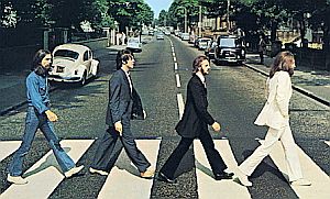 More “Paul-is-dead” imagery from Beatles’ “Abbey Road” album, from left: George as gravedigger, Paul the corpse, Ringo mourner, and John the preacher. Click for wall art.