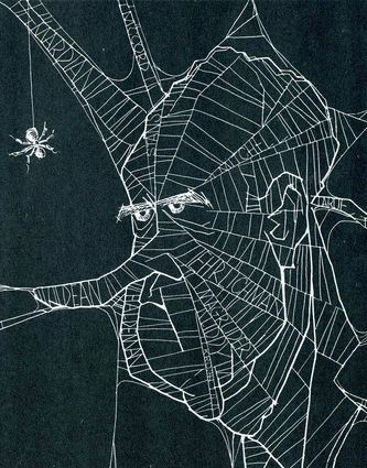 Portion of a larger Paul Conrad cartoon from the 1970s showing President Richard Nixon caught up in a Watergate spider web.