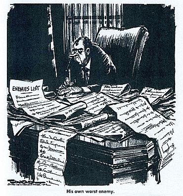 Paul Conrad’s caricature of President Richard Nixon sitting amid pages and pages of his infamous “enemies list.”  Caption reads: “His own worst enemy.” Date: 1973.