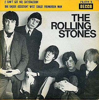 The Rolling Stones pictured on “Satisfaction” record sleeve, from left: Bill Wyman, Charlie Watts, Keith Richards, Mick Jagger (looking a bit out of it), and Brian Jones, 1965-66. Click for vinyl.