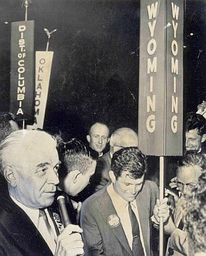 July 1960: Ted Kennedy, center, on the floor of the Democratic National Convention as the Wyoming delegation gives JFK the votes needed for the party's presidential nomination. Photo, L.A. Times. July 1960: Ted Kennedy, center, on the floor of the Democratic National Convention as the Wyoming delegation gives JFK the votes needed for the party's presidential nomination. Photo, L.A. Times.