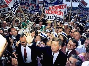 John F. Kennedy arriving at the Democratic National Convention on July 9, 1960, at the Sports Arena in Los Angeles, California.