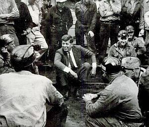 John F. Kennedy, presidential candidate, meeting with West Virginia coal miners, 1960. John F. Kennedy, presidential candidate, meeting with West Virginia coal miners, 1960.