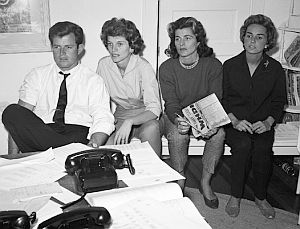 Ted Kennedy with sisters Eunice and Pat and Ethel Kennedy watching election-night returns at Hyannis Port, MA. AP photo/Henry Griffin. Ted Kennedy with sisters Eunice and Pat and Ethel Kennedy watching election-night returns at Hyannis Port, MA. AP photo/Henry Griffin.