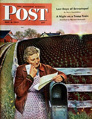 Stevan Dohanos wasn’t the only cover artist at the Saturday Evening Post who did postal- or mail-related cover art. This one, titled  “Letter From Overseas,” by artist John Falter, appeared May  8, 1943. Click for copy.