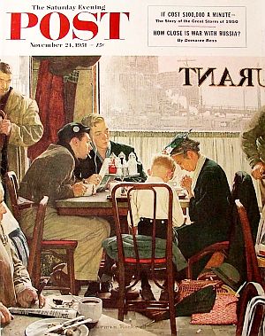 Norman Rockwell’s “Saying Grace,” SEP cover art of Nov 24, 1951 and a fan favorite, depicts an older women and young boy giving thanks for their meal at a shared table amid busy scene in a working class restaurant. Click for print.