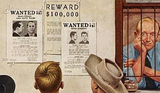 Detail from “Wanted Posters” reveals that one of the offenders is wanted for “mail fraud” the other “bank robbery.”