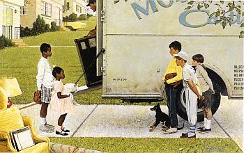 Norman Rockwell’s “New Kids in the Neighborhood” ran as full two-page centerfold in Look magazine, May 17, 1967.
