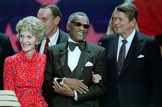 President and Nancy Reagan with Ray Charles after President Reagan’s acceptance speech at the Republican National Convention, Dallas, Texas. August 23, 1984.