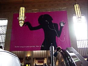 Nov 2003: Giant iPod silhouette wall posting at the 30th Street Station, Philadelphia, Pennsylvania. Nov 2003: Giant iPod silhouette wall posting at the 30th Street Station, Philadelphia, Pennsylvania.
