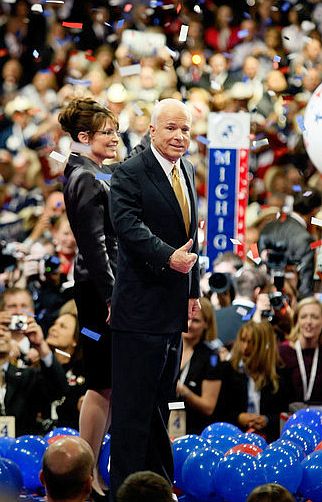 Sarah Palin and John McCain on stage, Sept 4, 2008 at the Republican National Convention in St. Paul, MN.