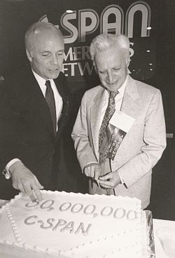 June 1990: Brian Lamb & John J. Rigas of Adelphi Communications, Inc., celebrating C-SPAN’s 50 millionth household.  Cable Center photo. 