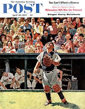 Artist Earl Mayan’s cover illustration of New York Yankee catcher Yogi Berra in action for the April 20, 1957 Saturday Evening Post is based in part on a sketching session Mayan had with Berra. Click for copy.