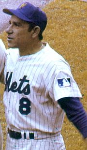 Yogi Berra as the New York Mets' first base coach, 1969.
