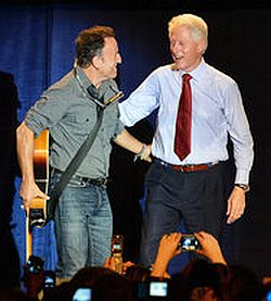 Bill Clinton greeting Bruce Springsteen on stage at Parma, Ohio Obama rally. Bill Clinton greeting Bruce Springsteen on stage at Parma, Ohio Obama rally.