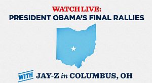 Notice posted on the internet about Jay-Z performing at Obama campaign rally in Columbus, OH, 5 Nov 2012.