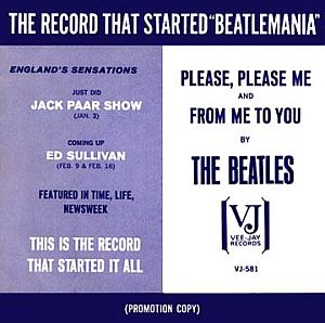 Vee-Jay’s promotional cover sleeve for Beatles’ ‘Please Please Me’ single following Jack Paar show, Jan 1964.