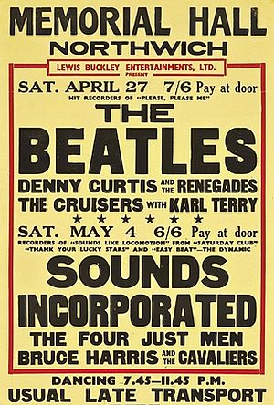 April 1963 poster for concert in Northwich, England with the Beatles at the top of the bill not long after “Please Please Me” hit the top of the charts. Small print above their name reads “Hit recorders of ‘Please Please Me’.” Poster was later sold at Christies in London, 2012.