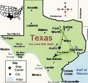 Map shows JFK’s 2-day Nov `63 itinerary: San Antonio, Houston, Fort Worth, Dallas, Austin, then back to  D.C.