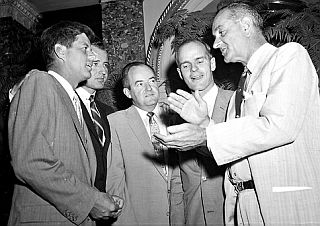 Aug. 29, 1957: Senator John F. Kennedy, far left, with other fellow senators, from left: George Smathers (D-FL), Hubert H. Humphrey (D-MN) and William Proxmire (D-WI), all listening to Majority Leader, Lyndon B. Johnson (D-TX).